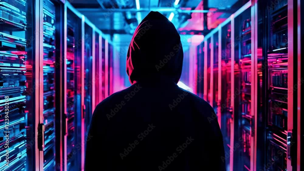 Poster a hooded hacker walks through an advanced data center surrounded by vibran neon lights reflecting on