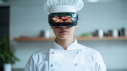 A chef wearing a virtual reality headset stands in a modern kitchen, blending culinary arts with technology.