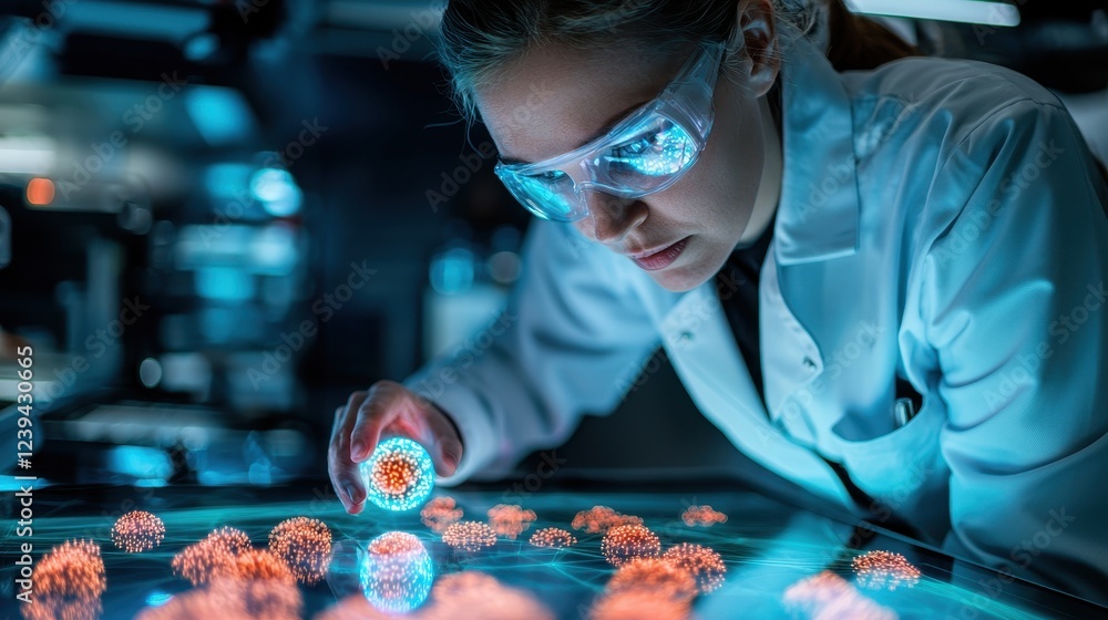 Poster a focused scientist examines glowing samples under a microscope in a high-tech laboratory setting.