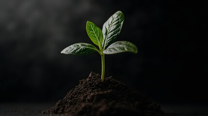 Naklejka premium Tiny Green Sprout Emerging from Rich Dark Soil Against Blurred Background