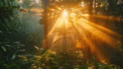 Golden rays of sunlight filtering through a dense forest, casting a warm glow on the foliage and the ground below