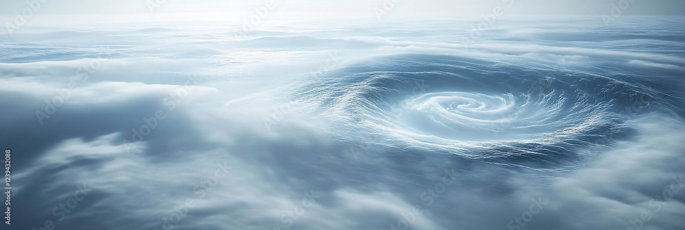 Poster an abstract cyclone of mist spiraling above an ocean, casting shadows on the waves as the water ripp