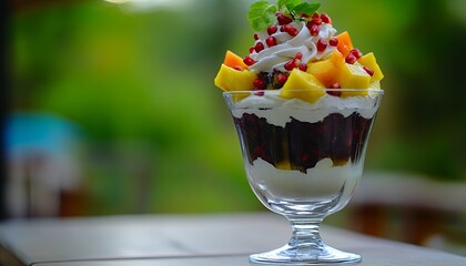 Fruit Delight: Whipped Cream, Pomegranate, and Mango Parfait in Glass