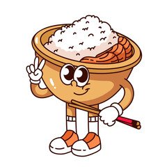 Groovy rice and meat bowl cartoon character holding chopsticks. Funny retro cup with rice and pork in sauce. Chinese lunar New Year food mascot, cartoon sticker of 70s 80s style vector illustration