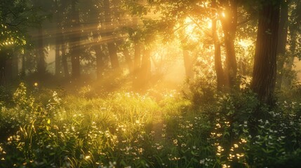 Golden rays of sunlight filtering through a dense forest, casting a warm glow on the foliage and the ground below