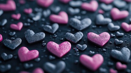 Obraz premium Candy hearts in pink and gray colors, scattered on a black surface