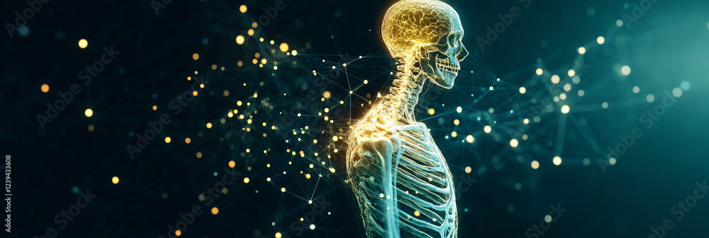 Poster an abstract representation of a human skeleton, illuminated with glowing lines, showcasing various a