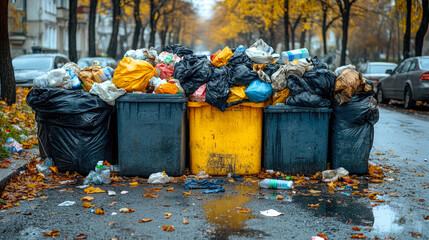 Fototapeta premium A row of yellow and black trash bins lined along a dirty city street, surrounded by scattered garbage and autumn foliage