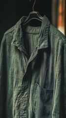 Naklejka premium Dark green linen shirt hanging, rustic studio, clothing detail, fashion website