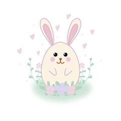 Adorable bunny-shaped egg surrounded by pastel flowers and heart details on a white background
