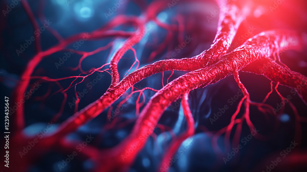 Poster an abstract visualization of the circulatory system, featuring a glowing network of veins and arteri