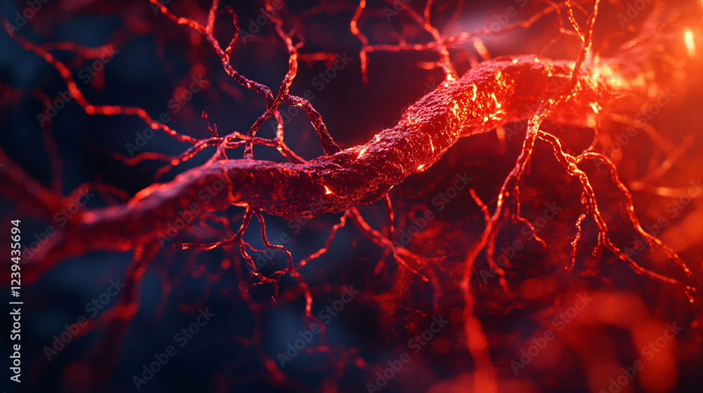Poster an abstract visualization of the circulatory system, featuring a glowing network of veins and arteri