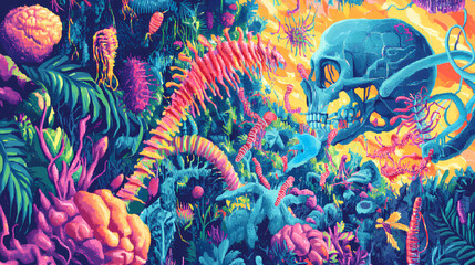 Colorful and vibrant artwork promoting link in bio for social media engagement and interaction by creative artists. Biological Influence. Illustration