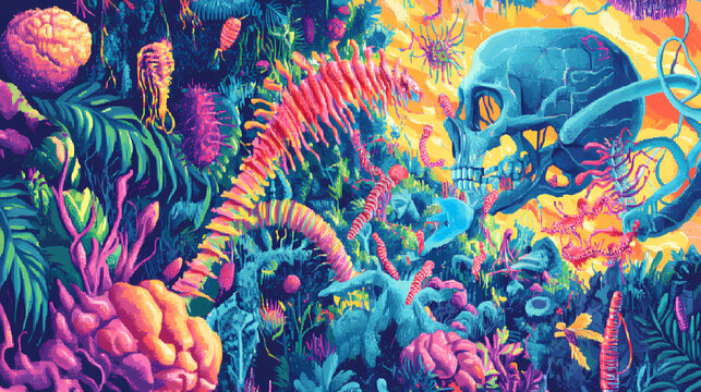 Colorful and vibrant artwork promoting link in bio for social media engagement and interaction by creative artists. Biological Influence. Illustration