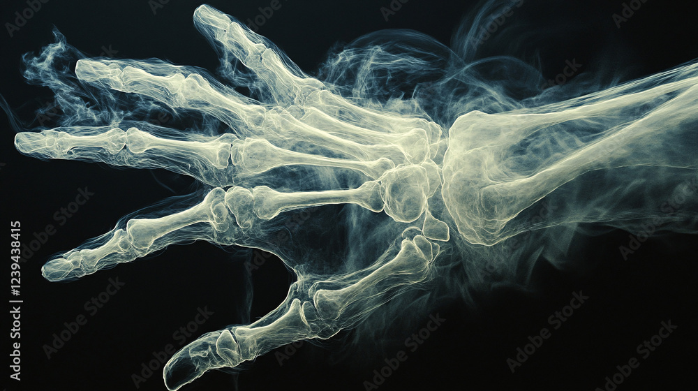 Poster an artistic x-ray image of a hand, showing bones and joints in intricate detail, surrounded by flowi