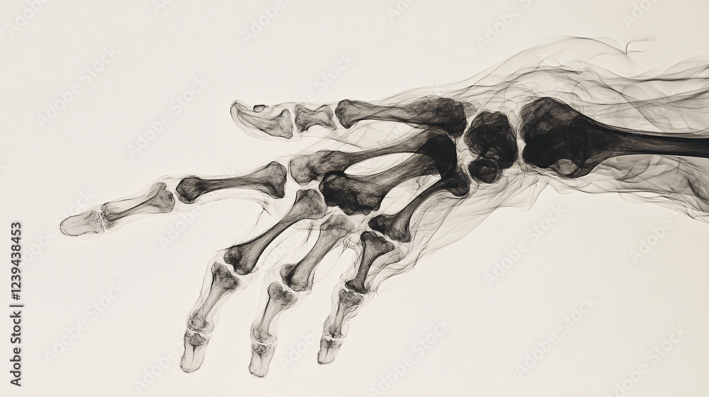 Poster an artistic x-ray image of a hand, showing bones and joints in intricate detail, surrounded by flowi