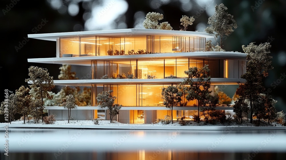 Poster modern architectural model showcasing a multi-level building surrounded by trees and natural light
