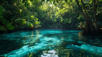 Naklejka premium Serene jungle landscape with clear blue water. Biological Influence. Illustration