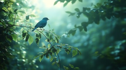 Obraz premium Bluebird Perched on Branch Amidst Lush Green Foliage