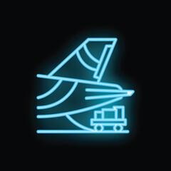 Blue neon icon of an airplane being loaded with a luggage cart at the airport