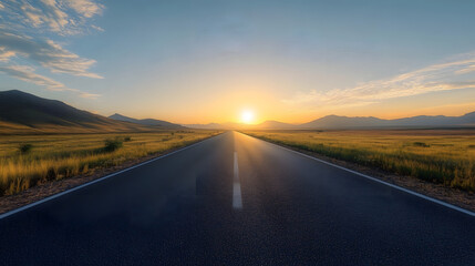 Fototapeta premium View of a long straight deserted asphalt road with the evening sun sky background wallpaper AI generated image