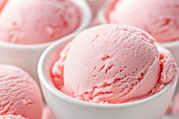 A close-up of creamy pink strawberry ice cream scoops in white bowls.