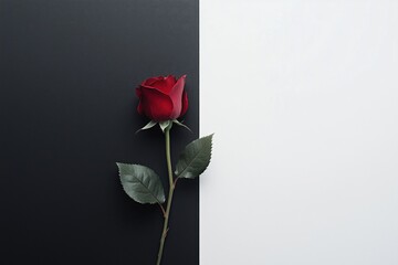 Fototapeta premium A single red rose with green leaves on a contrasting black and white background.
