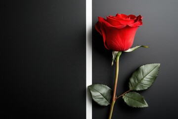 A beautiful red rose with green leaves against a black background.