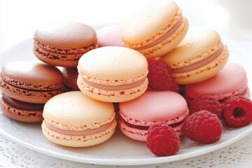 Obraz premium A plate of assorted macarons in various colors with fresh raspberries.