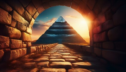a stone pathway leads to a mysterious towering pyramid seen through a circular opening in a stone wall sunlight bathes the scene creating a magical atmosphere