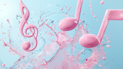 Pink Music Notes and Treble Clef with Soft Pastel Pink and Light Blue Ink in Water, Creative Background