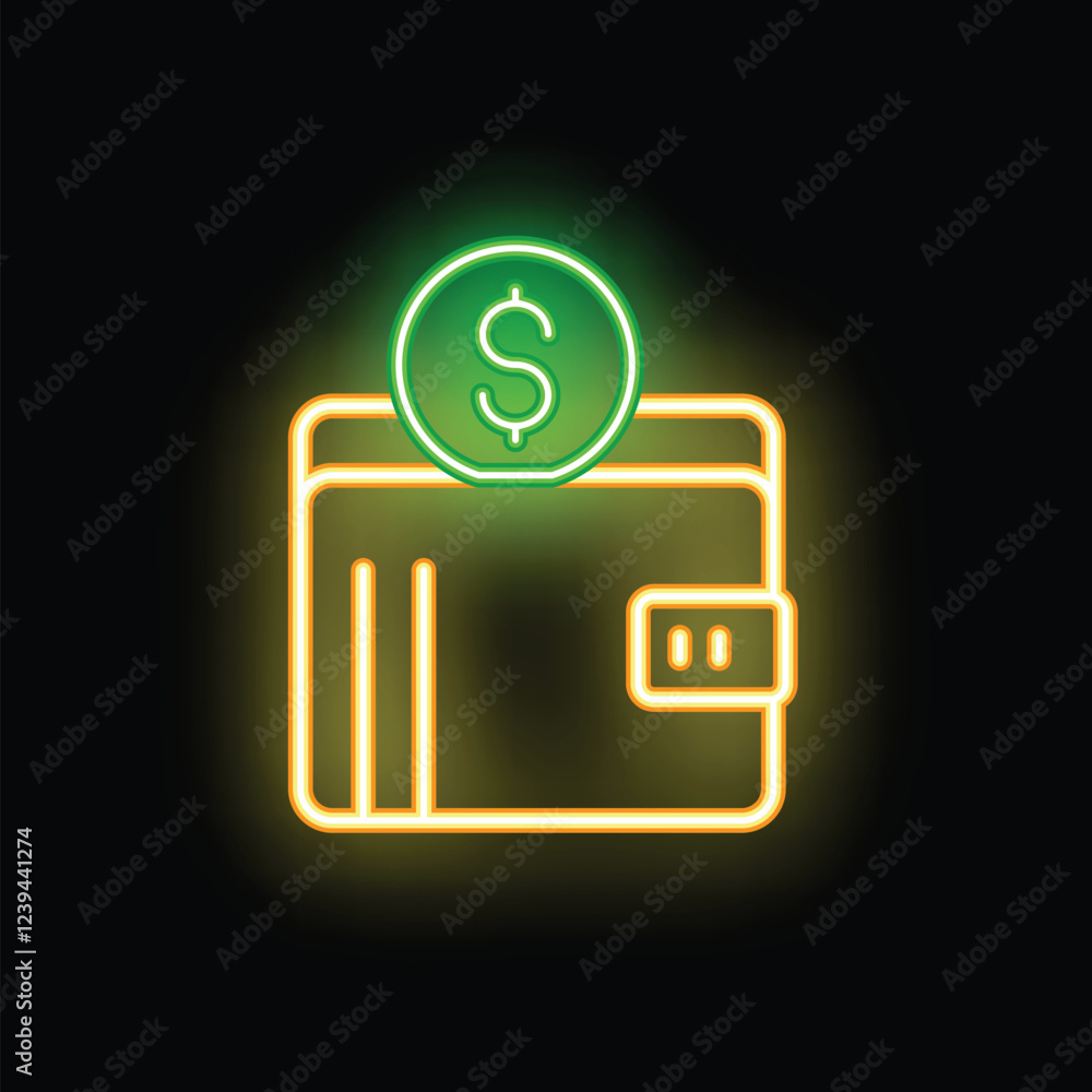 Poster neon sign representing a wallet with a dollar coin, evoking concepts like payment, finance and onlin