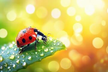 A close-up of a ladybug resting on a green leaf with dew drops, set against a colorful bokeh background.