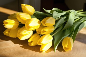 Obraz premium A vibrant bouquet of fresh yellow tulips arranged on a wooden surface.