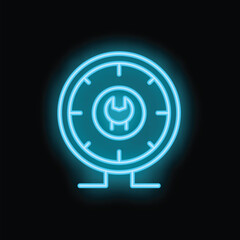 Neon sign representing the concept of time management with a clock and a wrench icon, perfect for productivity or business related designs