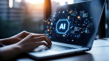 Business professional using artificial intelligence to analyze blurred background data