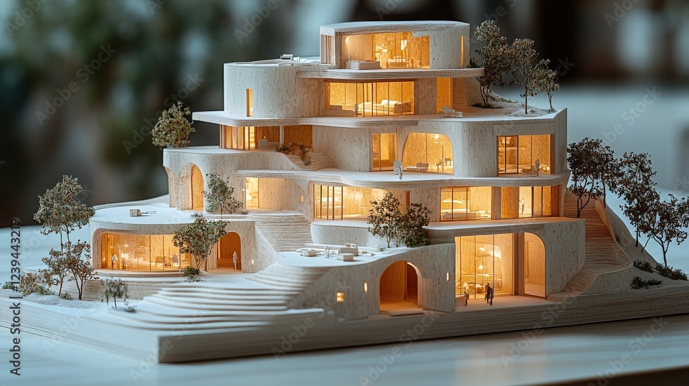 Poster modern architectural model showcasing a multi-level structure with illuminated interiors and surroun