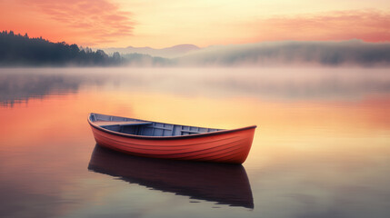 Fototapeta premium Fishing Boat Floating on a Serene Lake at Dawn, with Blurred Mountains and Mist Hovering Over the Water, Creating a Tranquil and Atmospheric Morning Scene