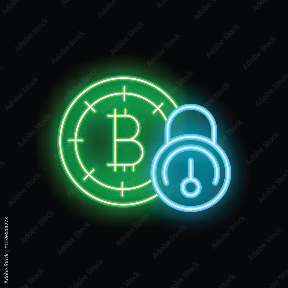 Poster neon icon showing the concept of bitcoin security with a padlock closing a bitcoin symbol