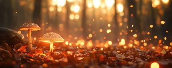 Enchanted Autumn Forest: Glowing Mushrooms in Fall