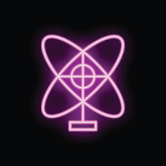 Neon atom icon glowing on a dark background, representing scientific concepts