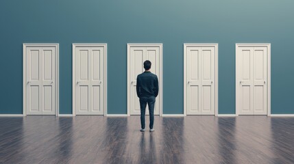 Fototapeta premium A person stands in front of multiple doors, contemplating choices in a minimalist interior space.