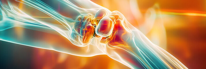 An imaginative X-ray of a knee joint in action, with dynamic lines illustrating movement and flexibility, set against a backdrop of energetic colors representing athleticism. 