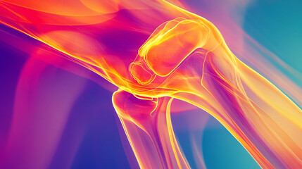 Naklejka premium An imaginative X-ray of a knee joint in action, with dynamic lines illustrating movement and flexibility, set against a backdrop of energetic colors representing athleticism. 