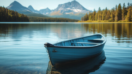 Obraz premium Fishing Boat Gently Drifting on a Calm Lake, with Blurred Trees and Mountain Peaks in the Distance Under a Clear Sky, Evoking a Serene and Peaceful Lakeside Scene