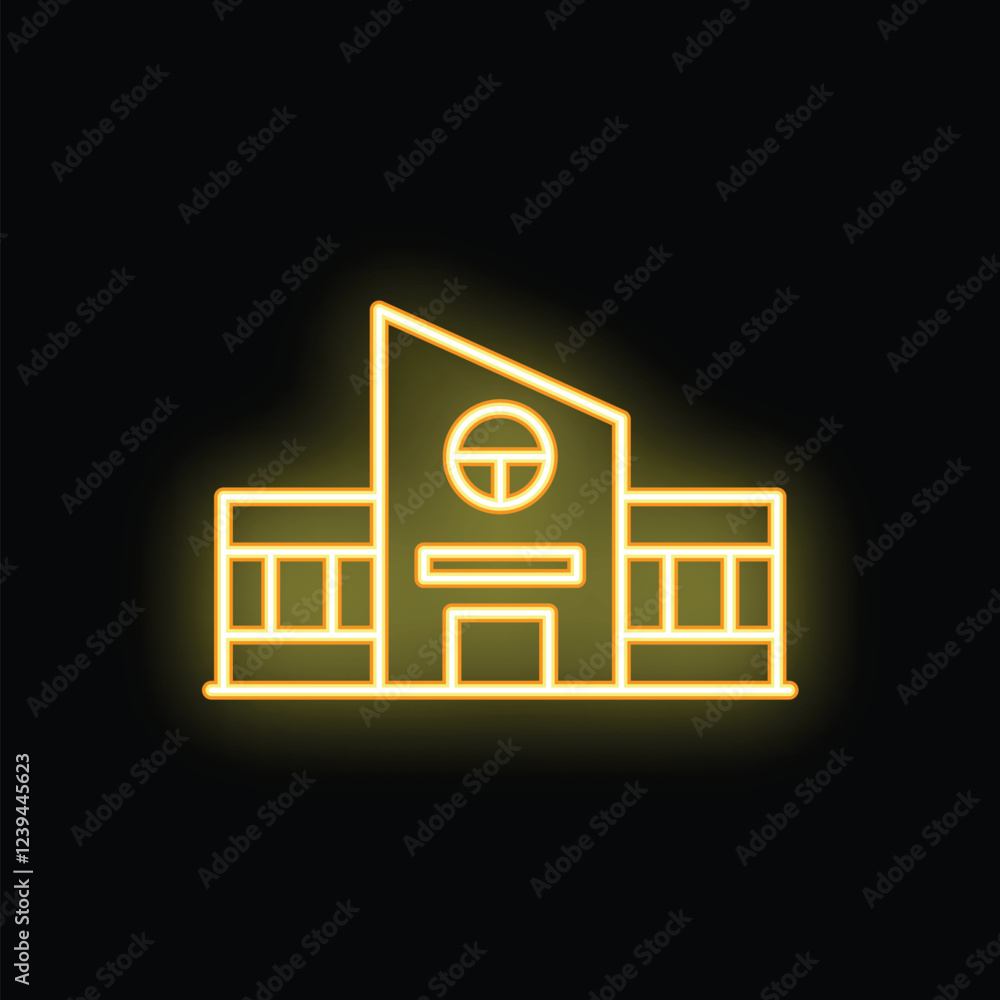 Sticker Neon sign is glowing yellow, depicting a hospital building with a cross in a circle