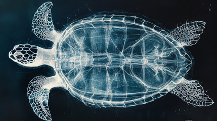 Fototapeta premium An imaginative X-ray of a turtle, highlighting its shell and bone structure, surrounded by flowing water patterns that symbolize longevity and serenity.