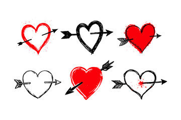 Hand-drawn hearts pierced by arrows in red and black styles on a white background, symbolizing love, passion, and romance. Valentine's day, wedding illustration.