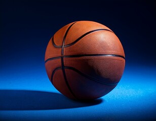 a basketball ball sitting on a blue surface