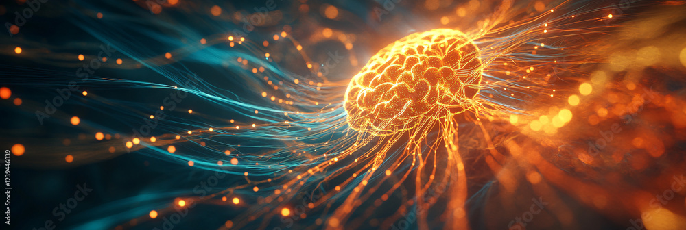 Poster an intricate depiction of the nervous system, with bright lines radiating from the brain down throug